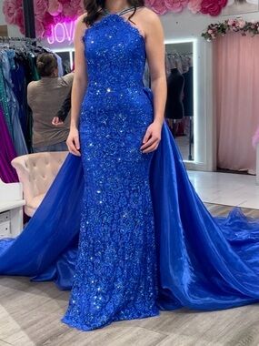 Jonathan Kayne 2618 Royal Blue Beaded Halter Evening Gown